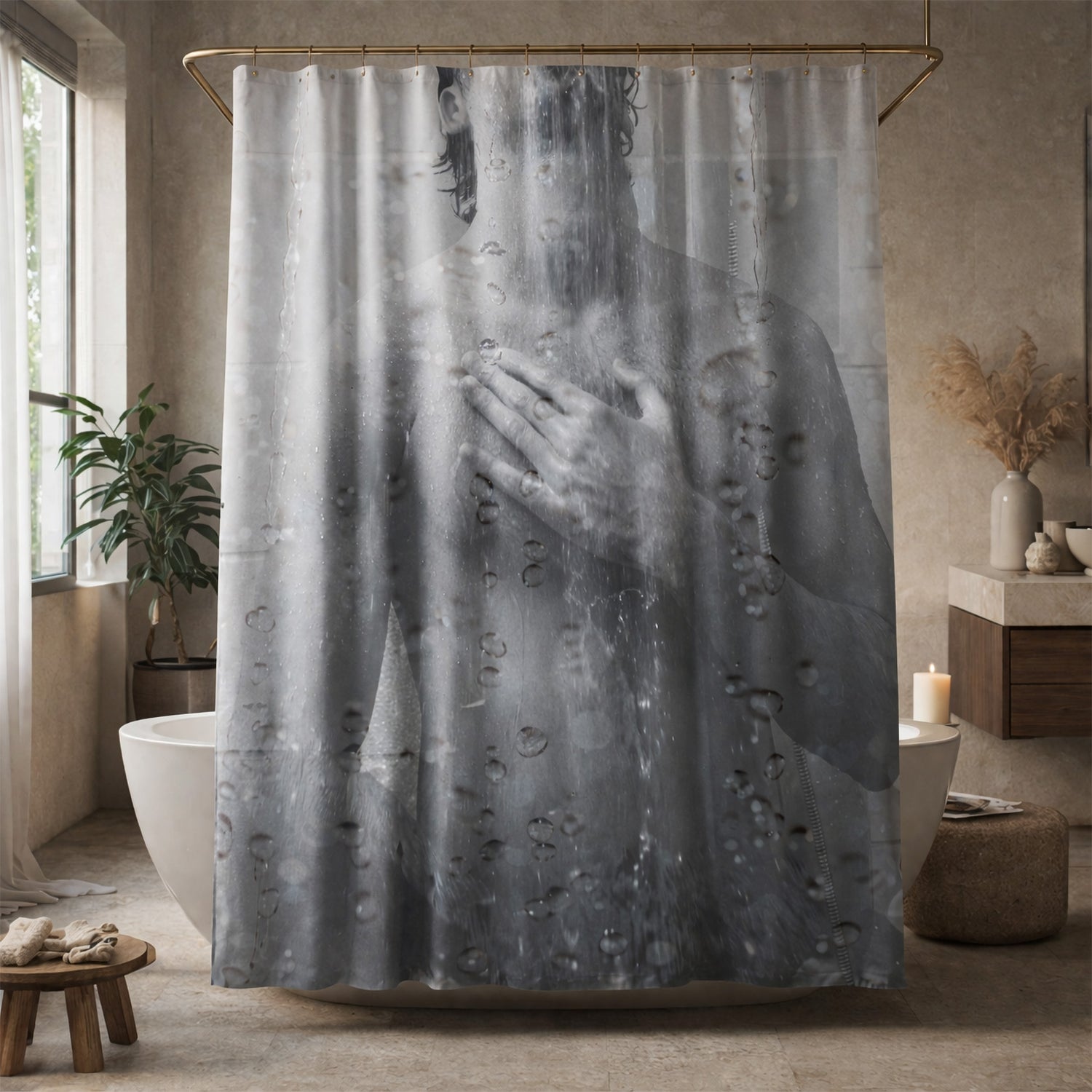 A shower curtain with a black-and-white print of a man showering, partially obscured by water droplets, hangs in a modern bathroom with a freestanding tub, plants, and neutral-colored decor.