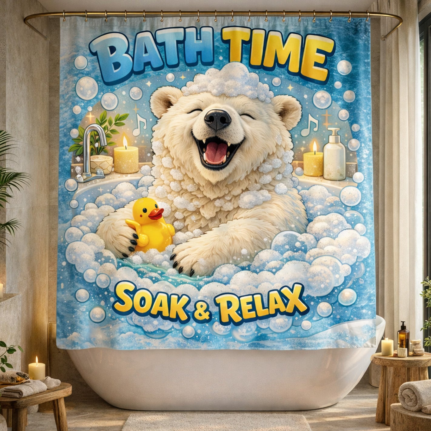 Shower curtain with a polar bear taking a bath, holding a rubber duck, and the text 'Bath Time Soak & Relax' in a bathroom setting.