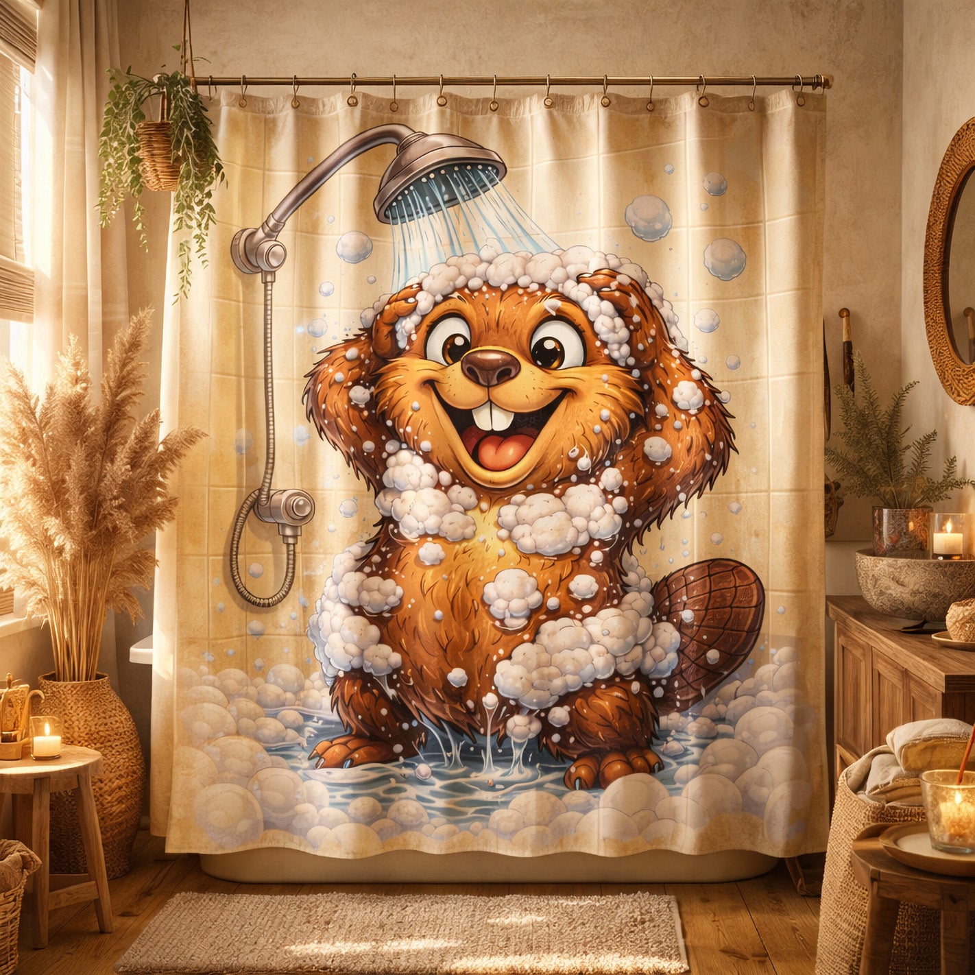 A cozy bathroom with plants and candles features a shower curtain decorated with an illustration of a happy cartoon beaver covered in soap bubbles, standing under a shower, smiling playfully.