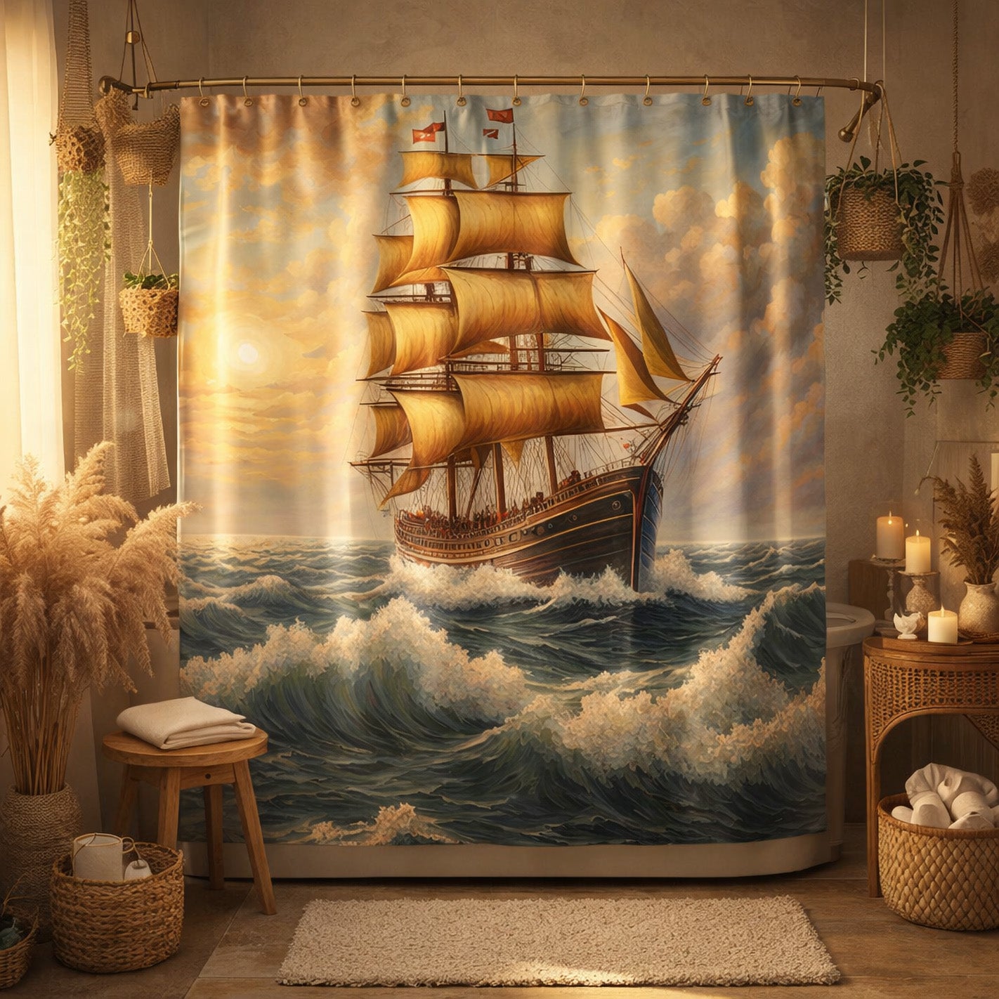 Shower curtain with a ship design in a bathroom setting