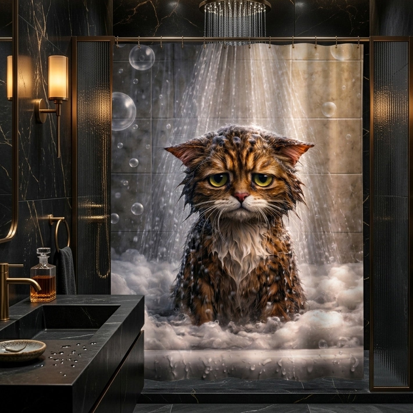 A wet, sad-looking cat sits in a bubble-filled shower under running water, surrounded by a luxurious, dark marble bathroom with gold accents and warm lighting.