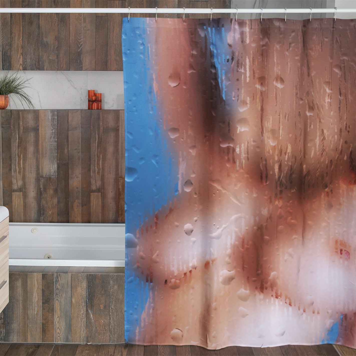 A bathroom with a wood-paneled design and a white bathtub, featuring a shower curtain with a blurred, abstract image resembling condensation and skin tones, giving the appearance of a steamy shower.