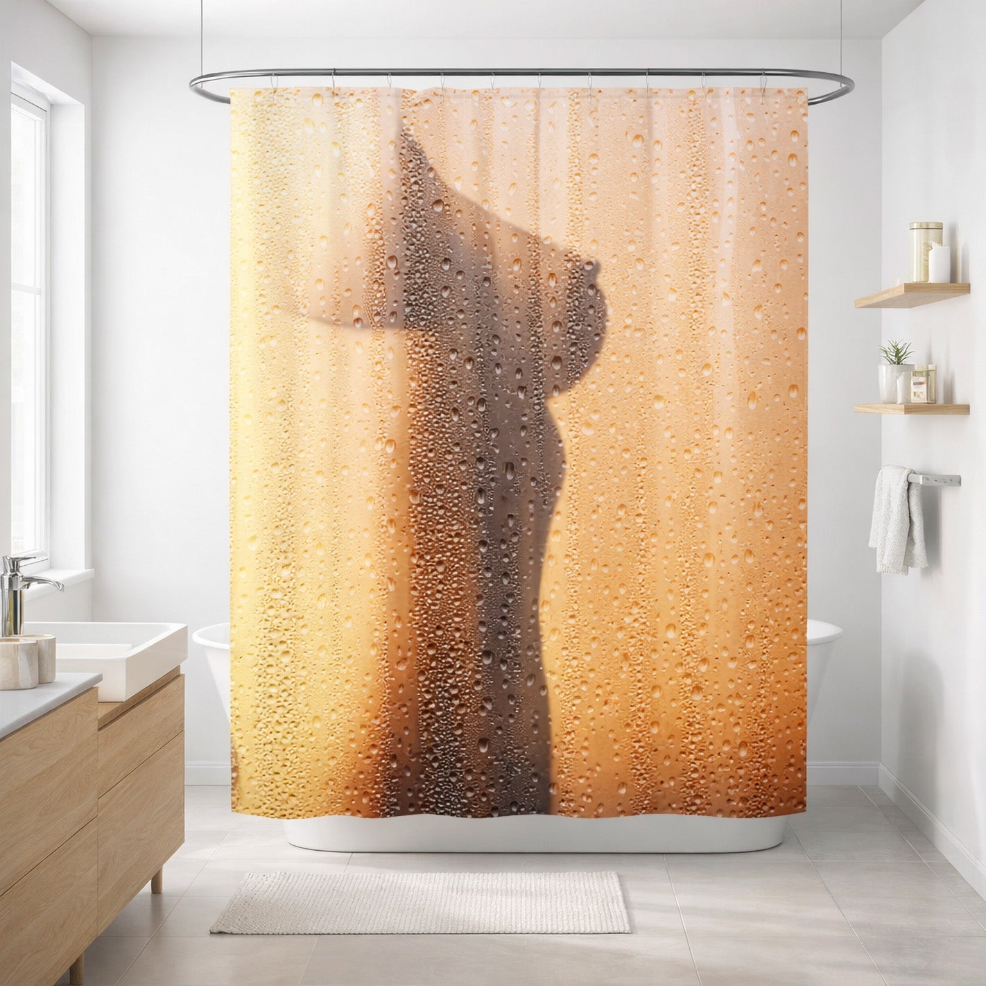A bathroom with a shower curtain featuring the silhouette of a woman behind condensation-covered material, creating a soft and artistic effect.