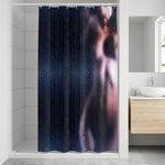 A shower curtain with a design showing a blurred, artistic silhouette of a person behind steamy, water-dappled glass, hanging in a modern white bathroom with a wooden vanity and a window.