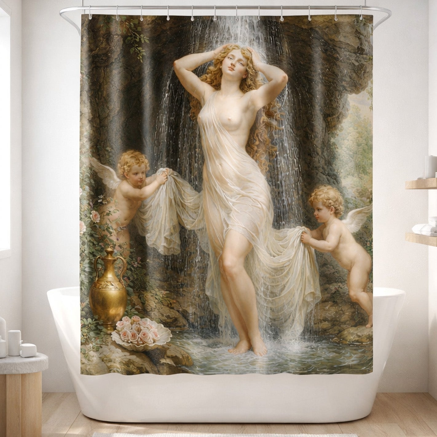 A shower curtain featuring a classical-style painting of a nude woman draped in sheer fabric standing under a waterfall, with two small winged cherubs beside her and a golden vase with roses in the foreground.