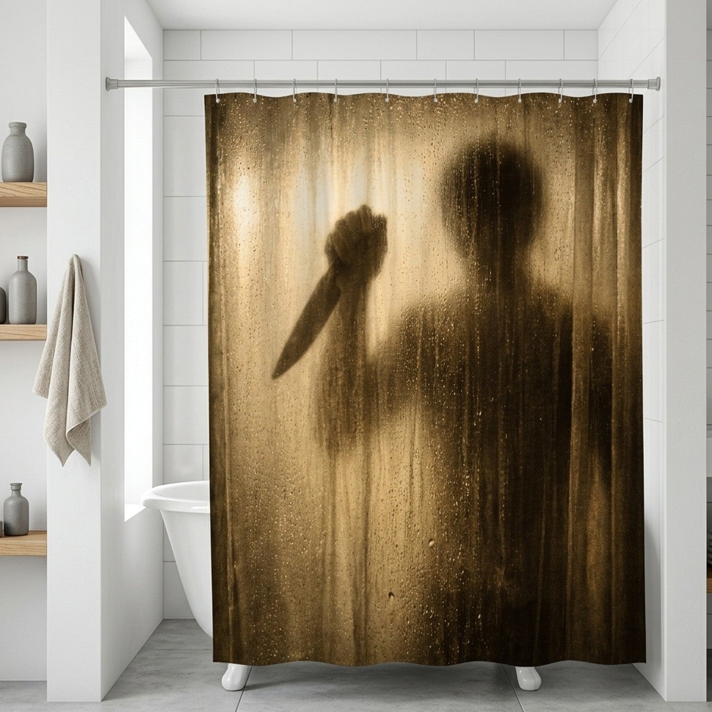 Shower curtain with a horror-themed design of a figure holding a knife in a bathroom setting.