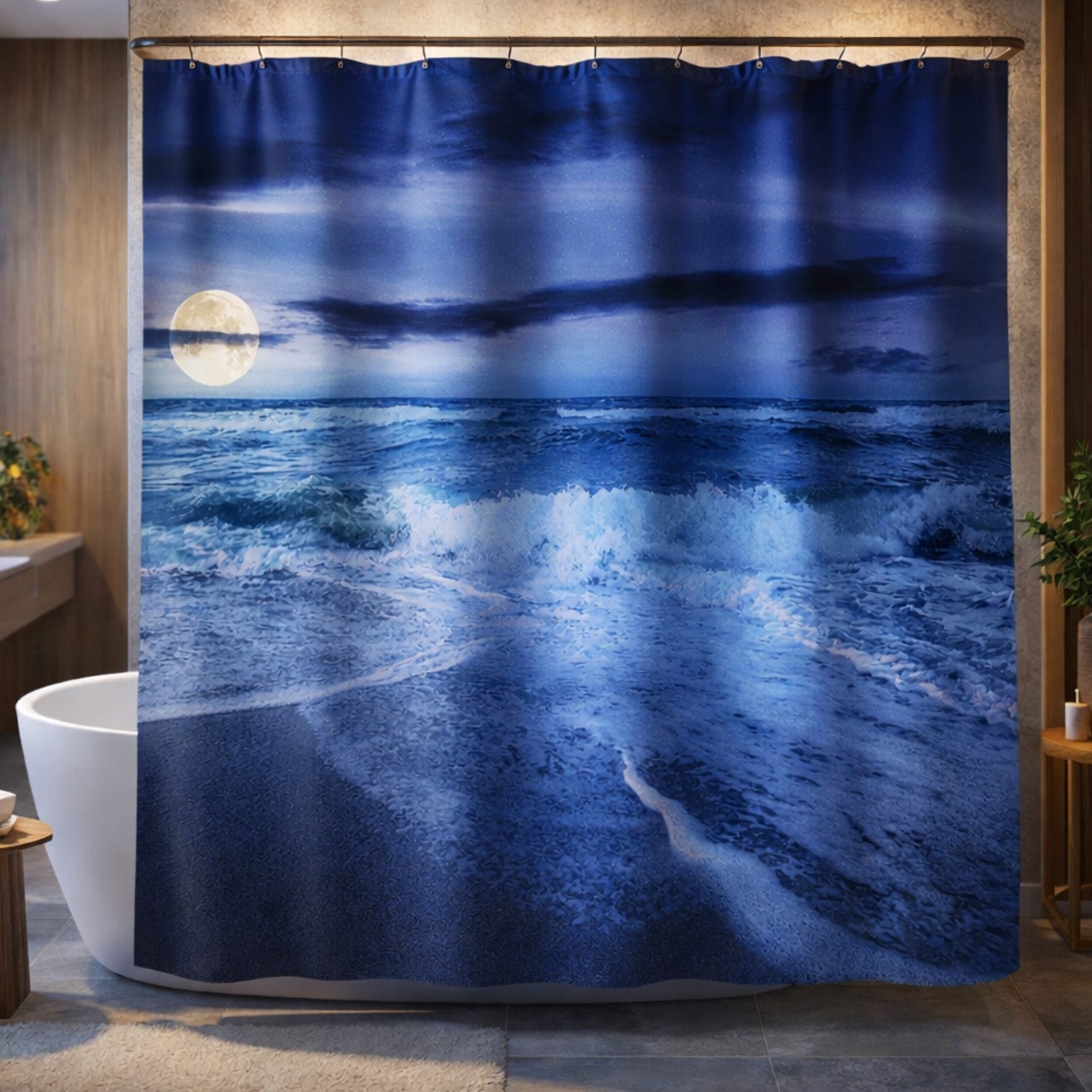 A bathroom with a bathtub and plants features a blue shower curtain printed with a moonlit ocean scene, showing waves crashing on a beach under a cloudy night sky with a full moon.