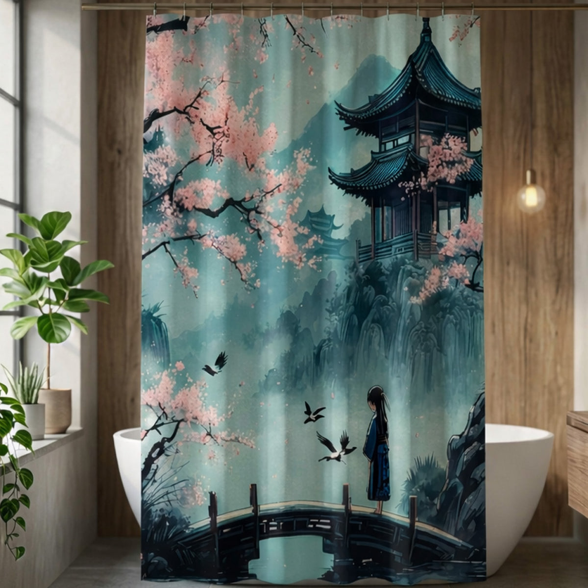 Shower curtain with cherry blossom and pagoda design in a bathroom setting