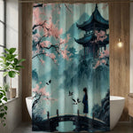 Shower curtain with cherry blossom and pagoda design in a bathroom setting