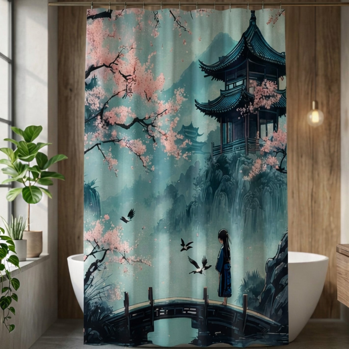 Shower curtain with cherry blossom and pagoda design in a bathroom setting