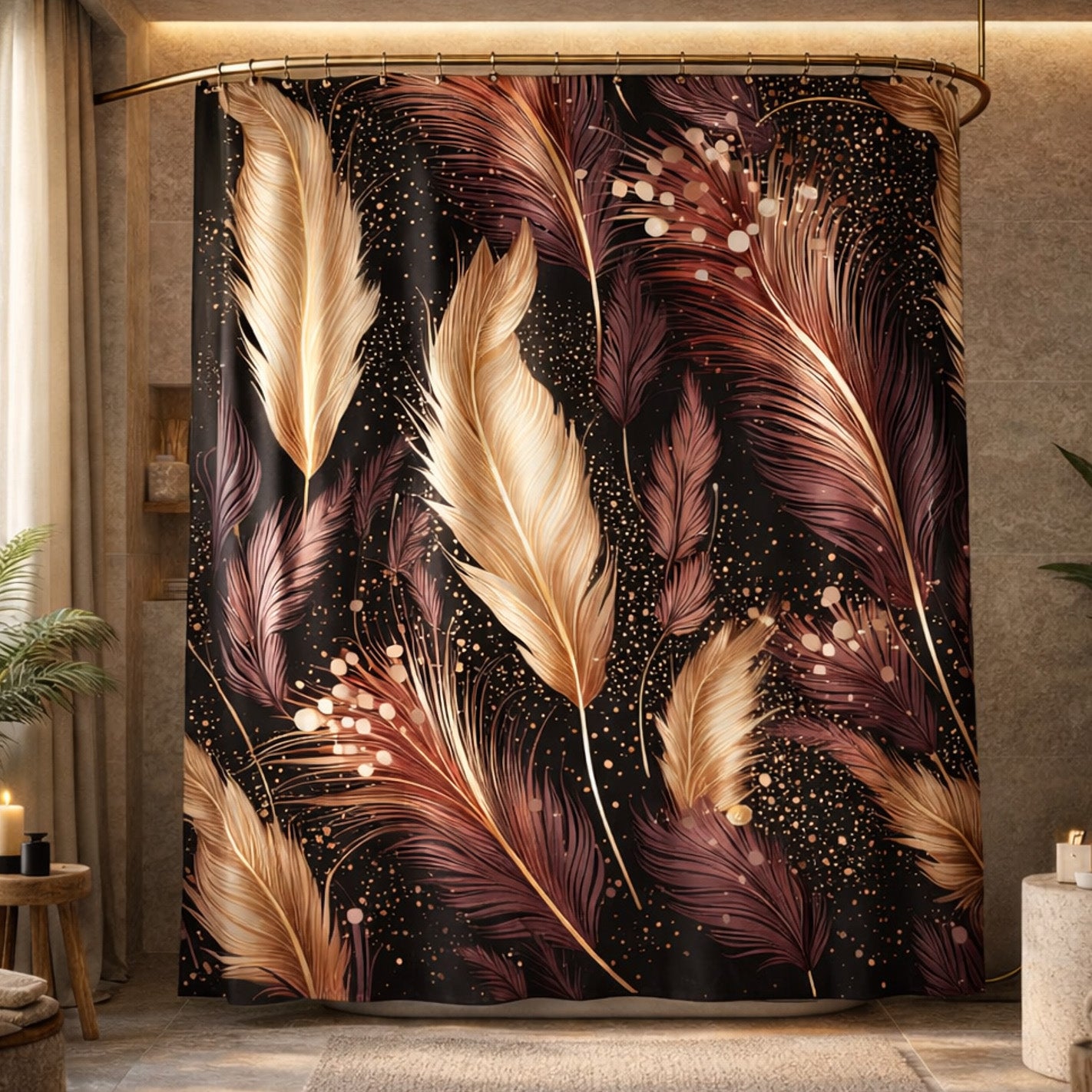 Shower curtain with feather pattern in a bathroom setting