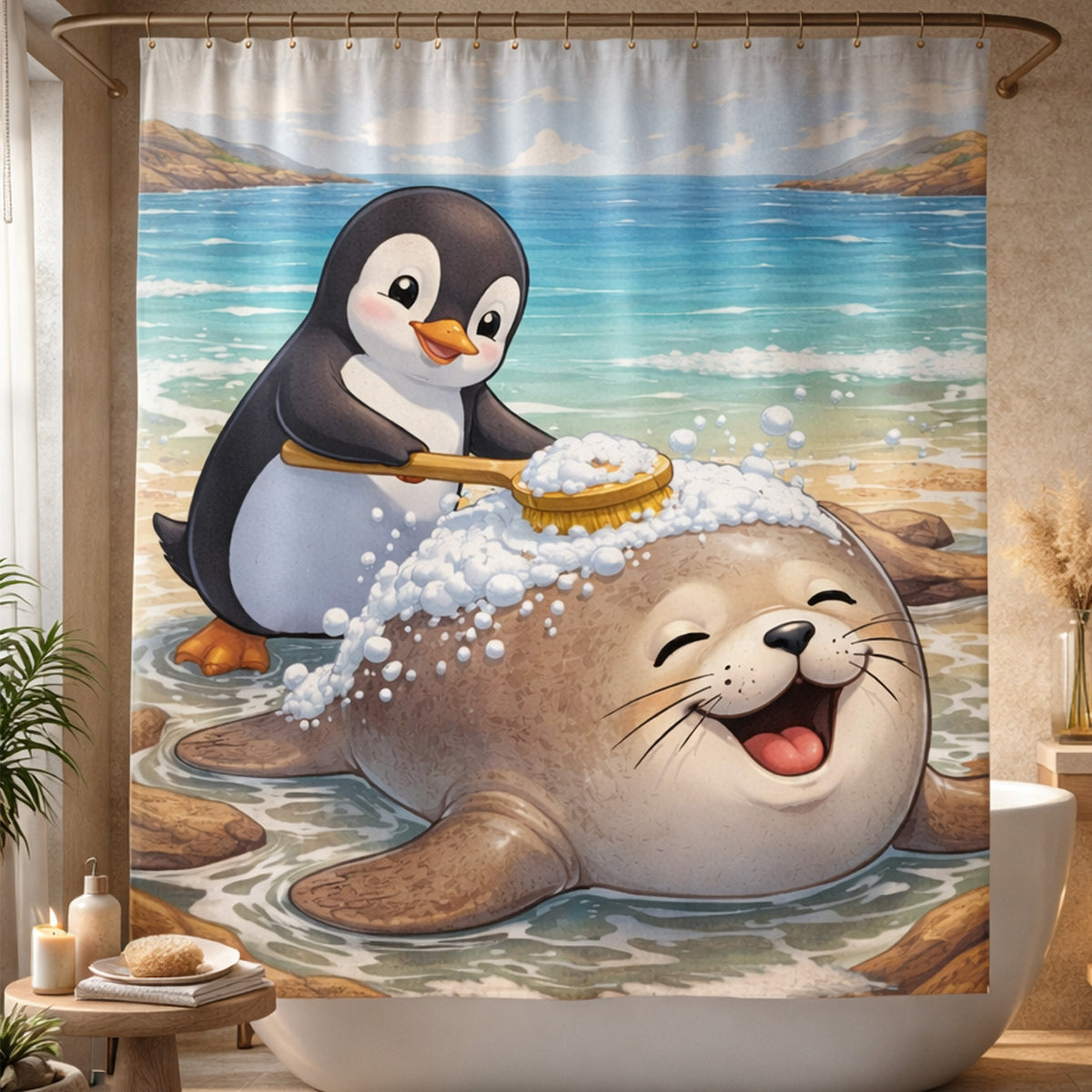 A cute cartoon penguin uses a brush to wash a smiling seal with suds on a beach. The sea and rocky hills are in the background, and the image appears on a shower curtain hanging in a cozy bathroom.