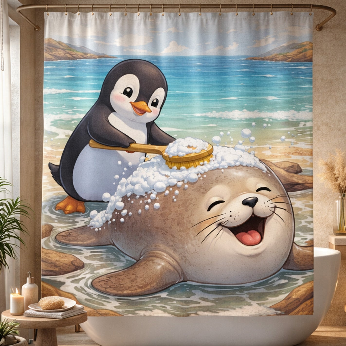 A cute cartoon penguin uses a brush to wash a smiling seal with suds on a beach. The sea and rocky hills are in the background, and the image appears on a shower curtain hanging in a cozy bathroom.