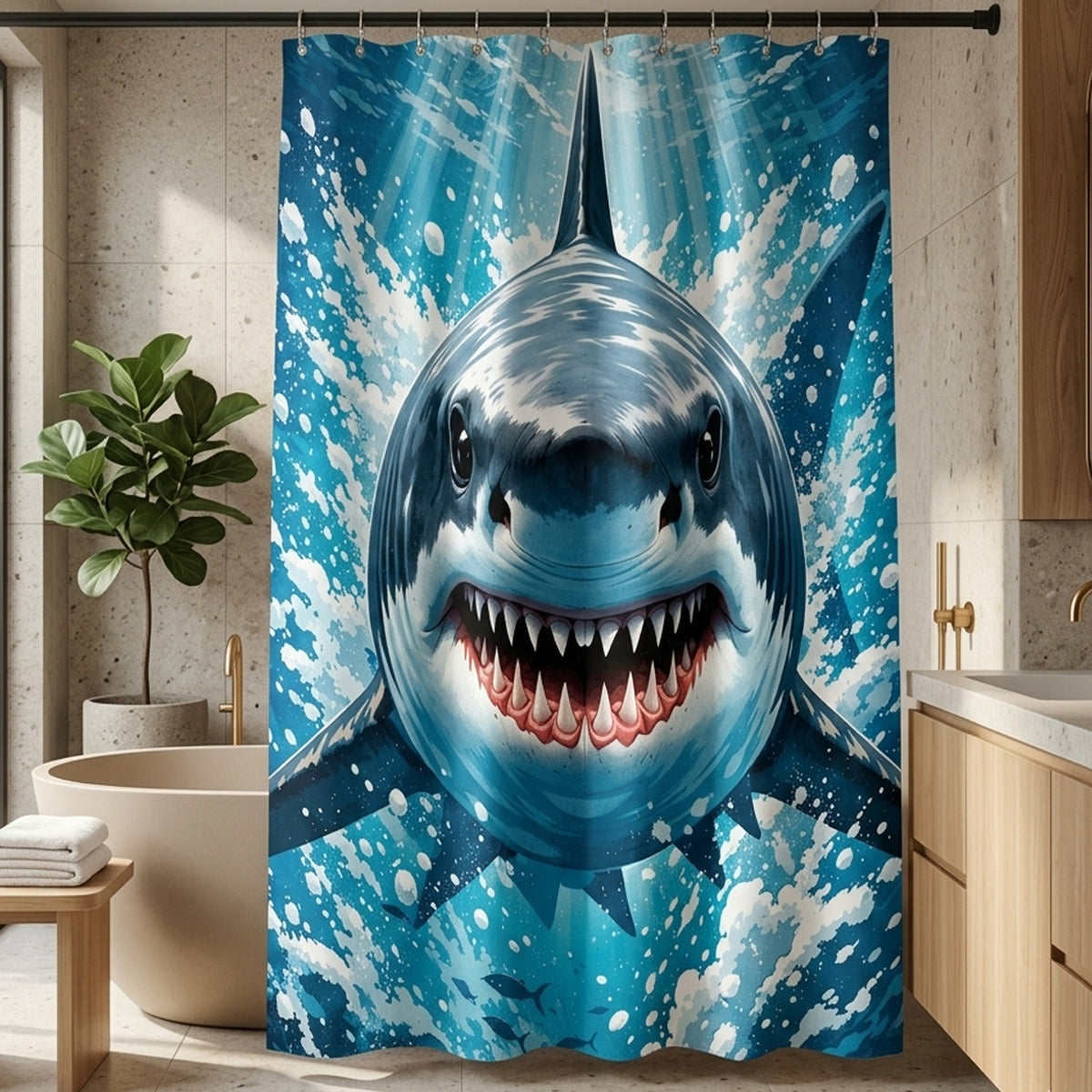 Shower curtain with a shark design in a bathroom setting