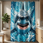 Shower curtain with a shark design in a bathroom setting