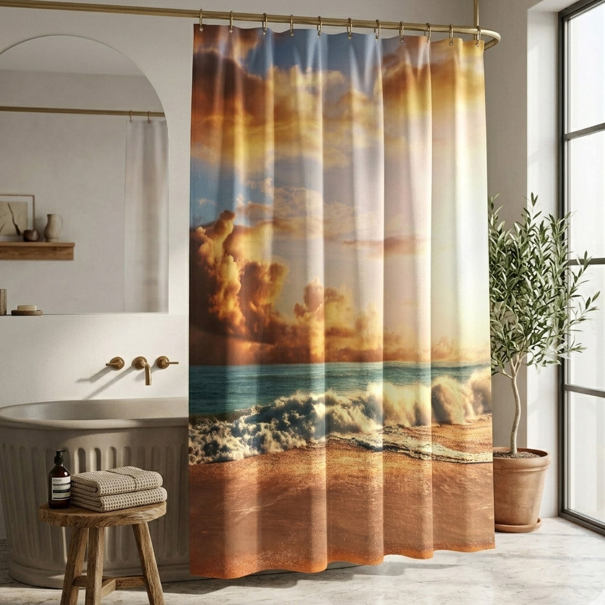 Shower curtain with beachscape design in a bathroom setting