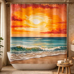 Shower curtain with a sunset and ocean design in a bathroom setting.