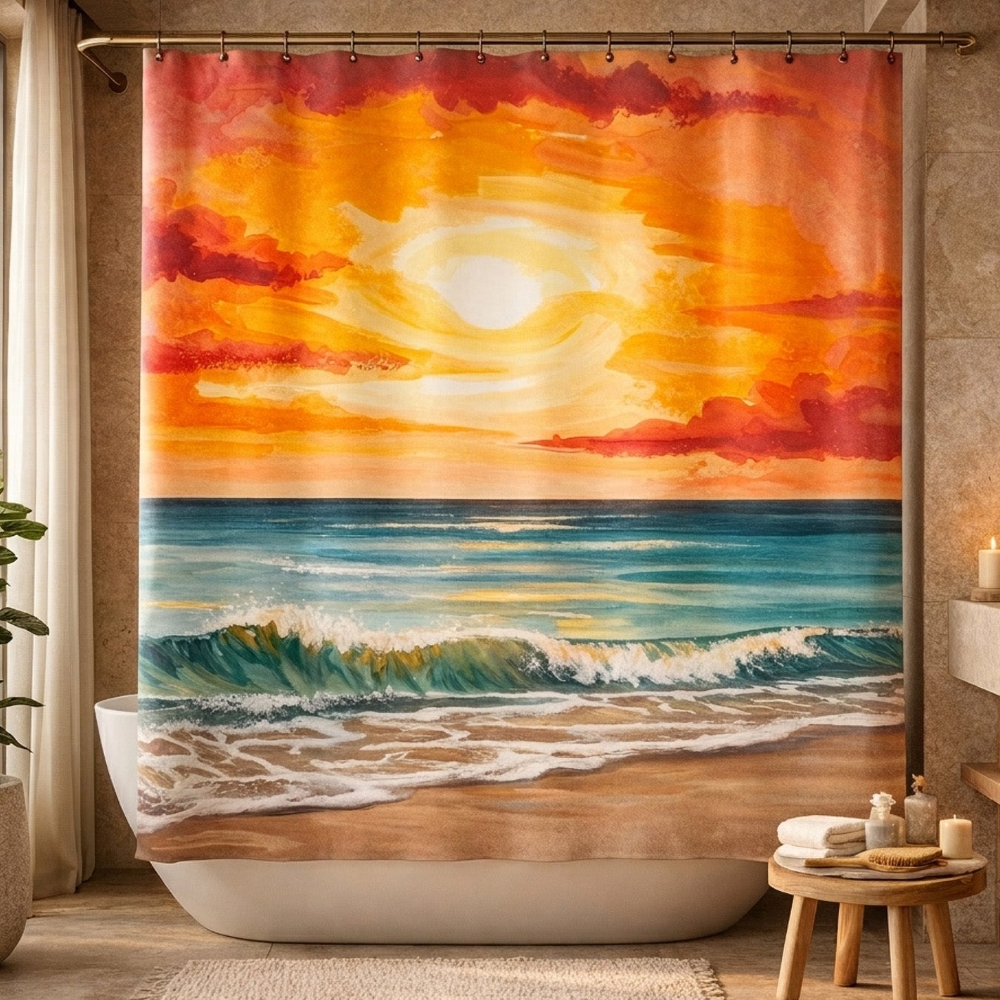 Shower curtain with a sunset and ocean design in a bathroom setting.