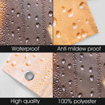 Textured fabric with water droplets labeled 'Waterproof', 'Anti mildew proof', 'High quality', and '100% polyester'.
