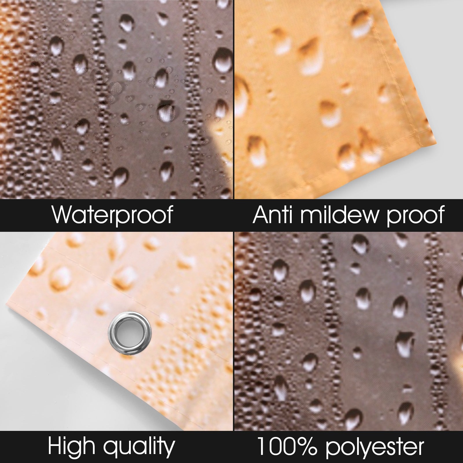 Textured fabric with water droplets labeled 'Waterproof', 'Anti mildew proof', 'High quality', and '100% polyester'.