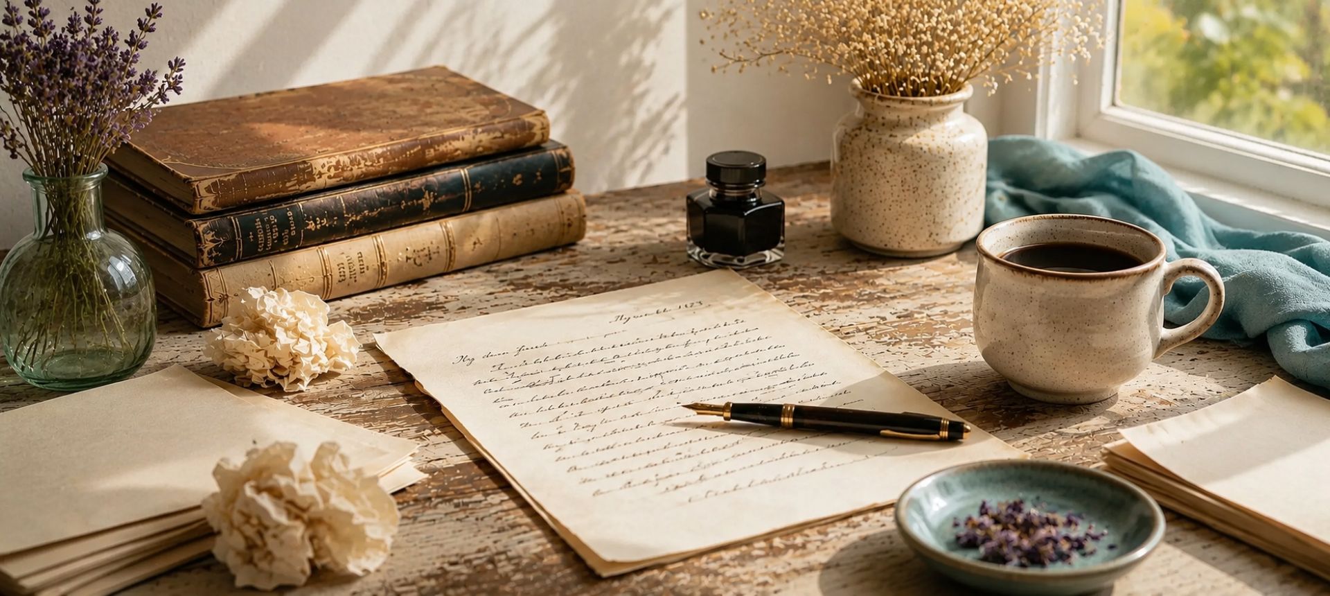 A cozy tabletop scene with an open notebook filled with handwritten text, a black pen, a ceramic mug of coffee, stacked vintage books, dried flowers in glass and ceramic vases, and a blue cloth near a window.