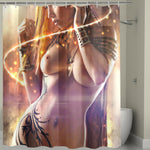 Shower curtain with a stylized depiction of a woman with tattoos and glowing effects.