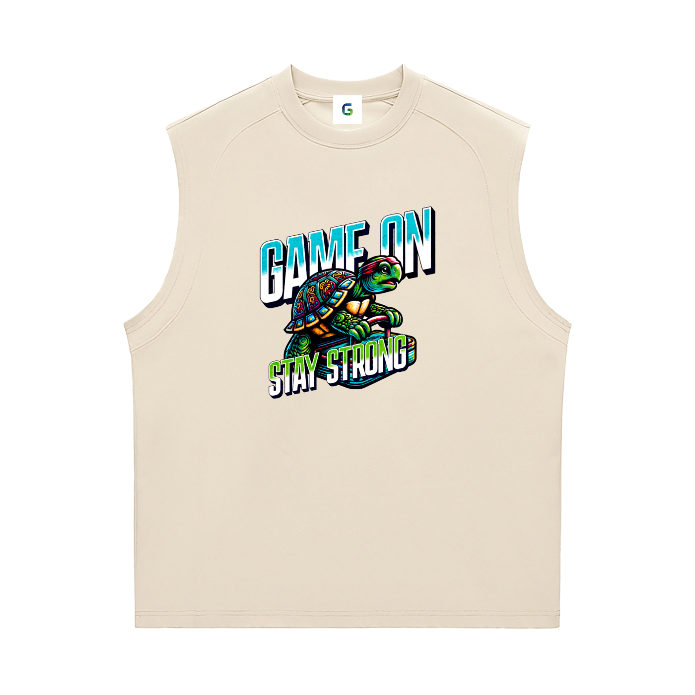 A sleeveless beige athletic tank top featuring a colorful graphic of a turtle with the text 'GAME ON' and 'STAY STRONG' on the front, displayed against a plain white background.