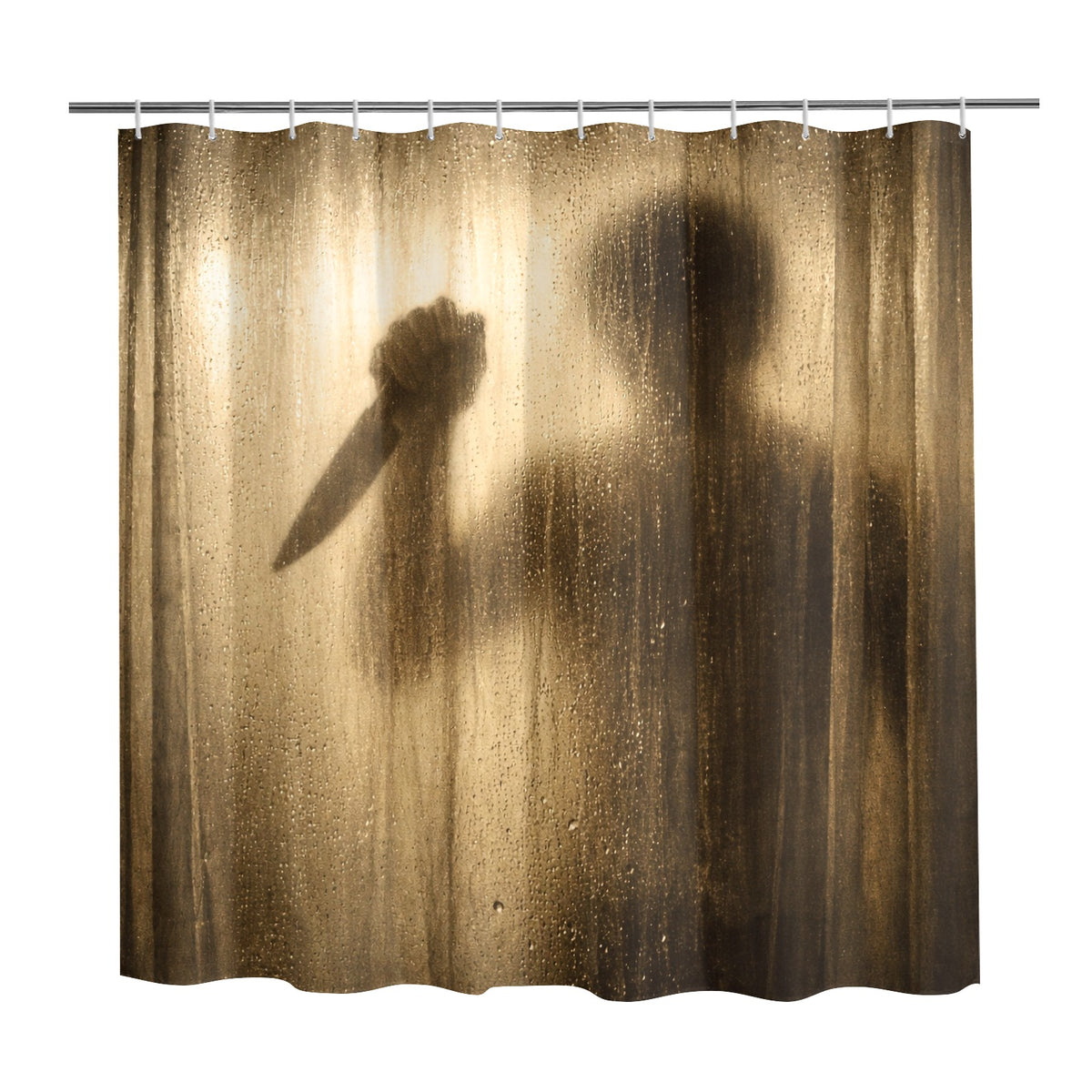 Shower curtain with a silhouette of a person holding a knife casting a shadow on the fabric.