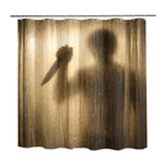 Shower curtain with a silhouette of a person holding a knife casting a shadow on the fabric.