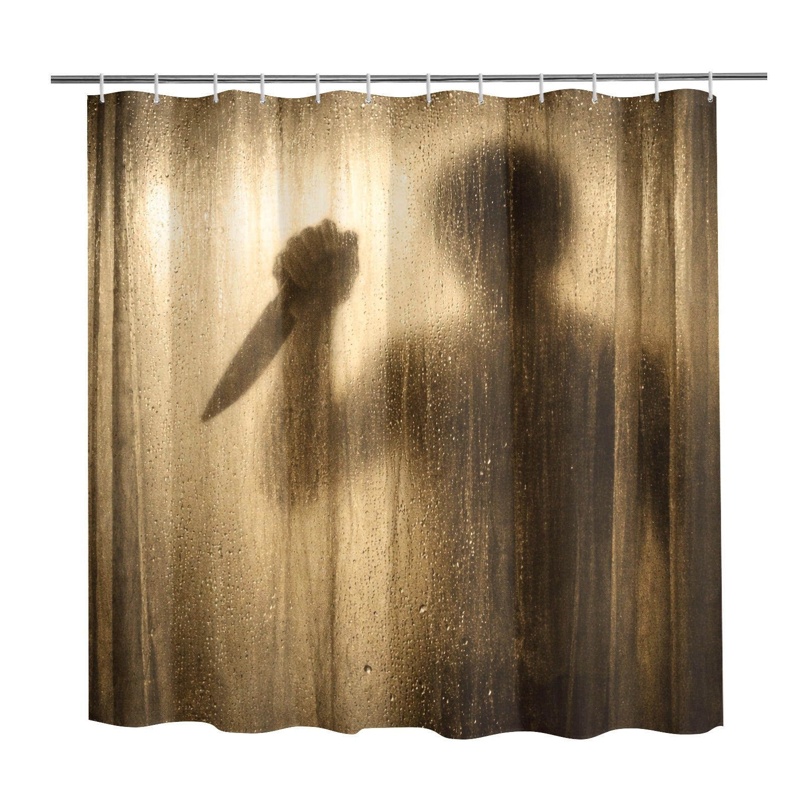 Shower curtain with a silhouette of a person holding a knife casting a shadow on the fabric.