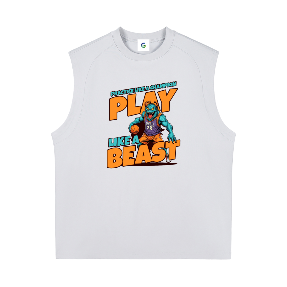 A light gray sleeveless raglan t-shirt with a colorful graphic on the chest. The graphic features a cartoon basketball player and the text 'PLAY LIKE A BEAST' in orange and teal.