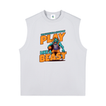 A light gray sleeveless raglan t-shirt with a colorful graphic on the chest. The graphic features a cartoon basketball player and the text 'PLAY LIKE A BEAST' in orange and teal.