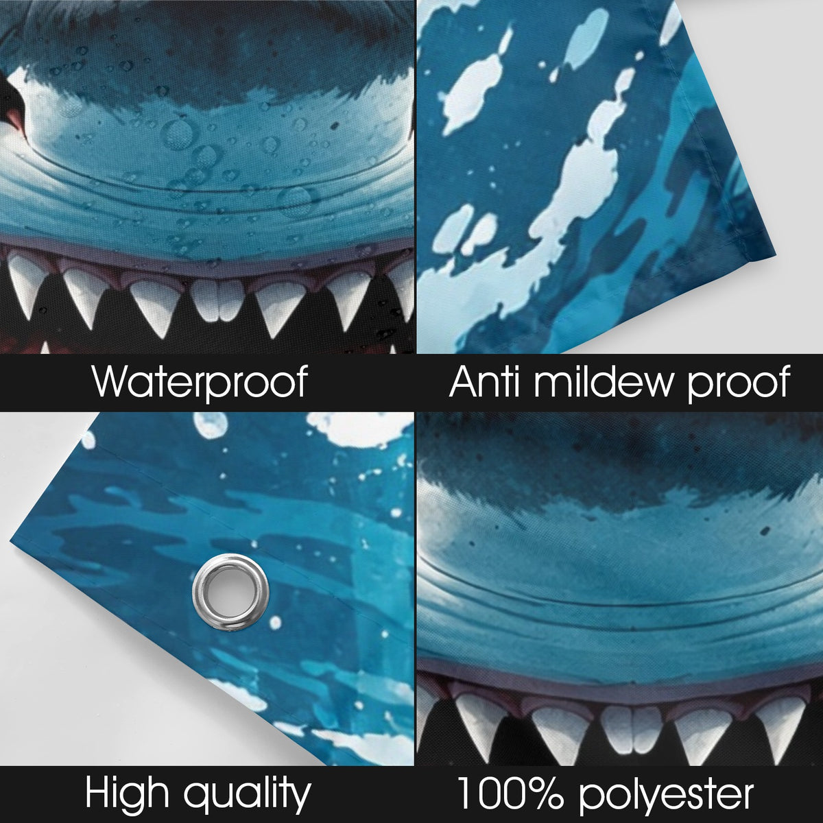 Blue tarp with shark design, featuring text on waterproof, anti-mildew, high quality, and polyester material.
