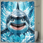 Shower curtain with a shark design in an underwater scene