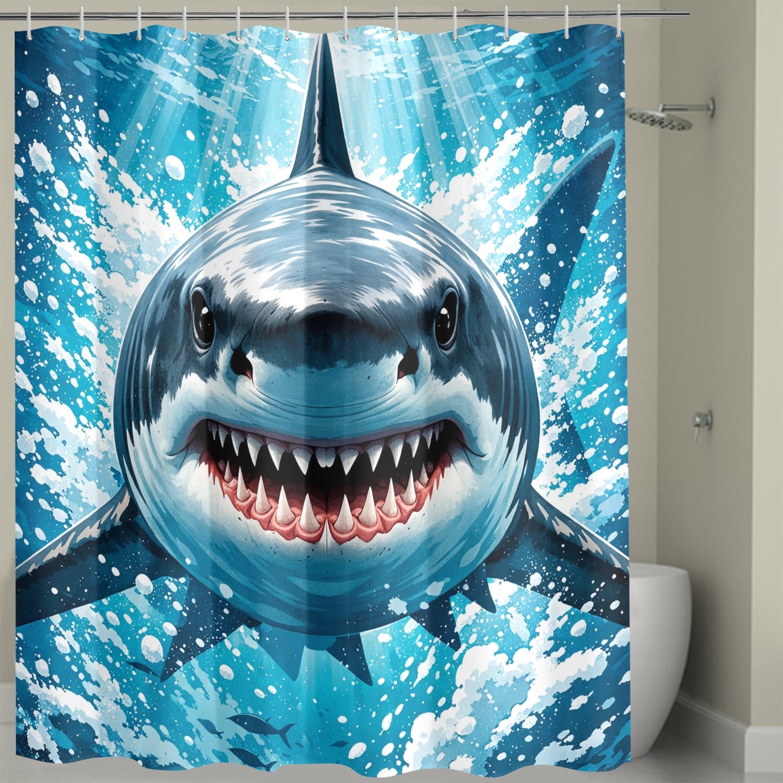 Shower curtain with a shark design in an underwater scene