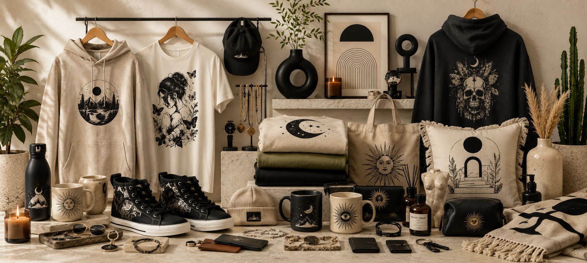 A styled product display of a coordinated bohemian aesthetic clothing and home decor collection. The collection includes cream and black hoodies and t-shirts with celestial and gothic prints, black high-top sneakers, mugs, pillows, and accessories, all arranged on a wooden table with candles, plants, and framed art in the background.