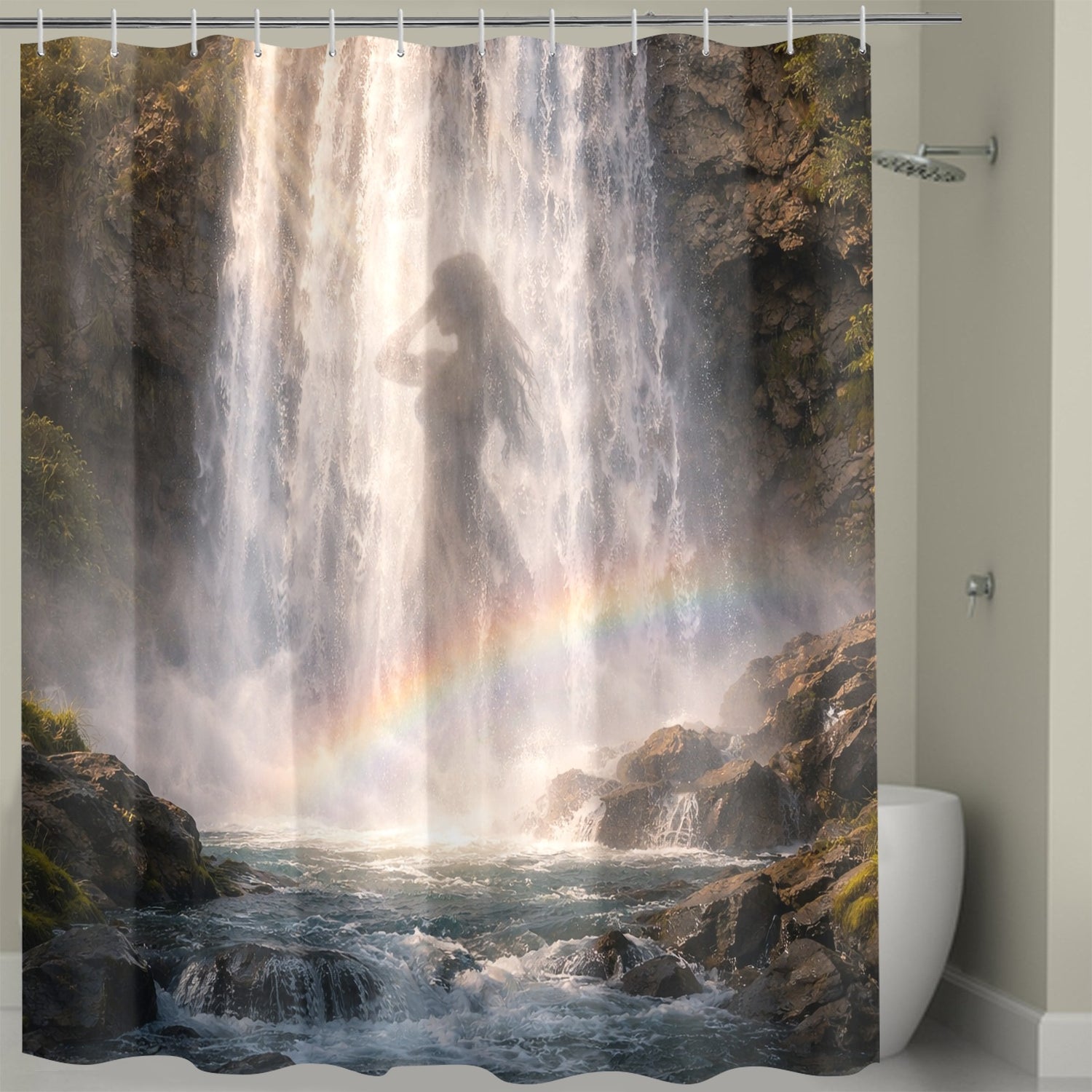 Shower curtain with a waterfall and rainbow design