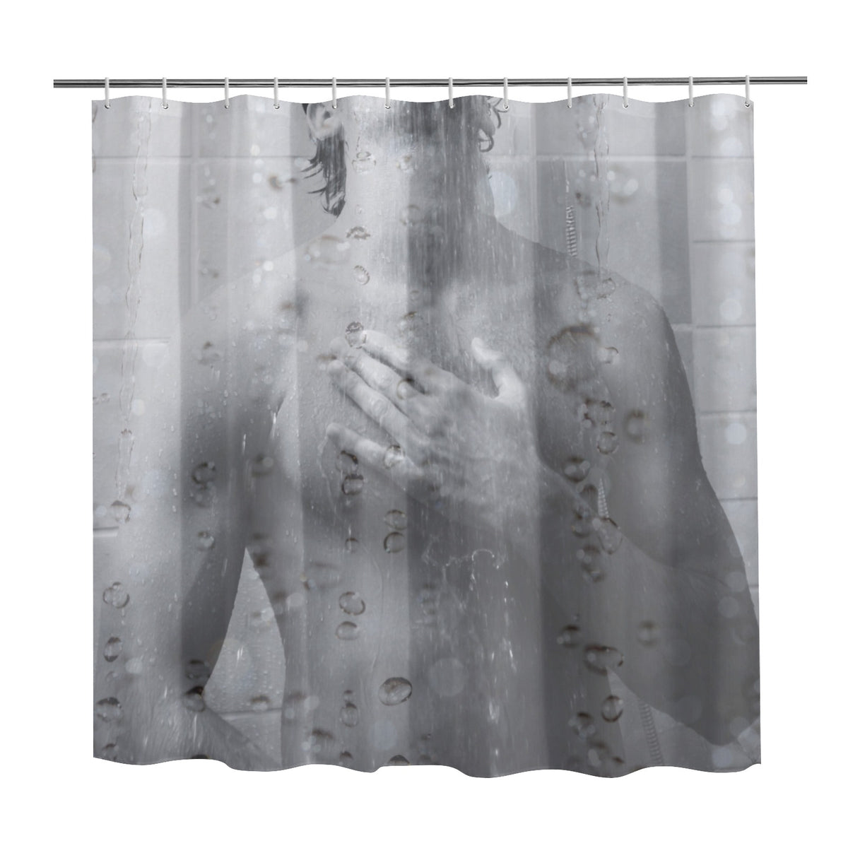 Shower curtain with a design of man embracing behind water droplets.