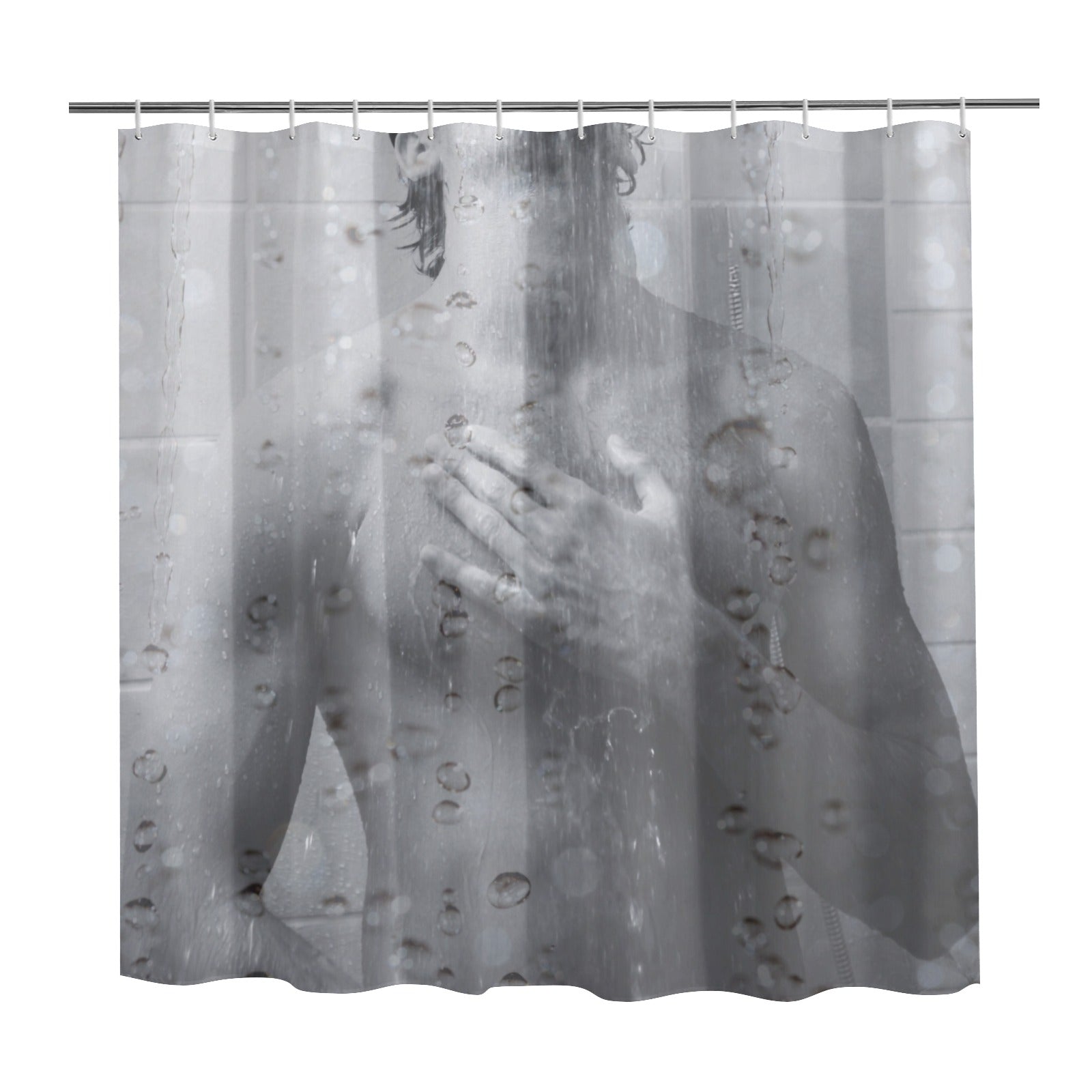 Shower curtain with a design of man embracing behind water droplets.