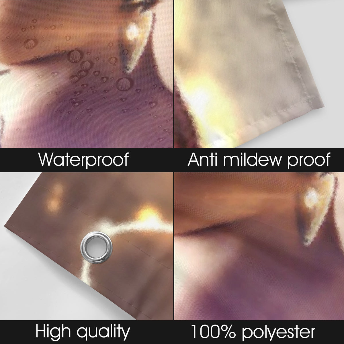 Product features including waterproof, anti-mildew proof, high quality, and 100% polyester text on a textured background.