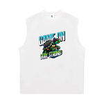 A white sleeveless mens athletic tank top featuring a colorful graphic of a sea turtle with the text 'GAME ON' and 'STAY STRONG' printed on the chest.
