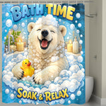 Shower curtain with a cartoon polar bear in bubbles, rubber duck, and 'Bath Time Soak & Relax' text.