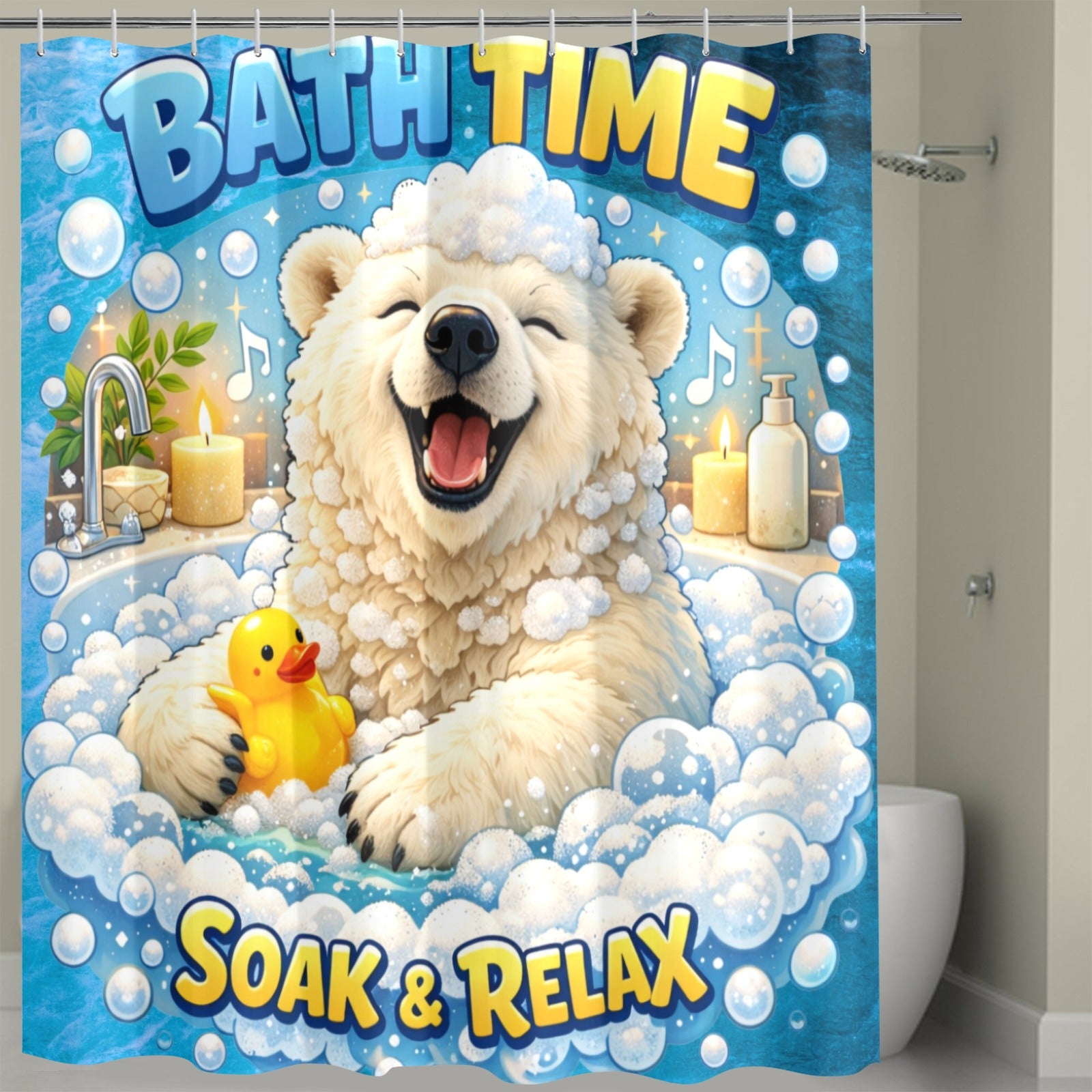 Shower curtain with a cartoon polar bear in bubbles, rubber duck, and 'Bath Time Soak & Relax' text.