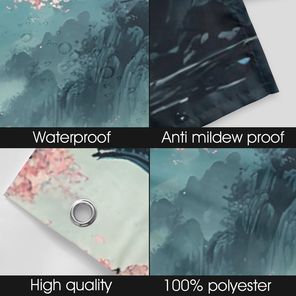 Product features including waterproof, anti-mildew proof, high quality, and 100% polyester text on a textured background.