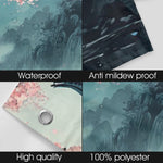 Product features including waterproof, anti-mildew proof, high quality, and 100% polyester text on a textured background.