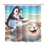 Shower curtain with cartoon penguin and seal design on a beach background