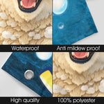 Four images showcasing waterproof, anti-mildew, high quality, and 100% polyester features.
