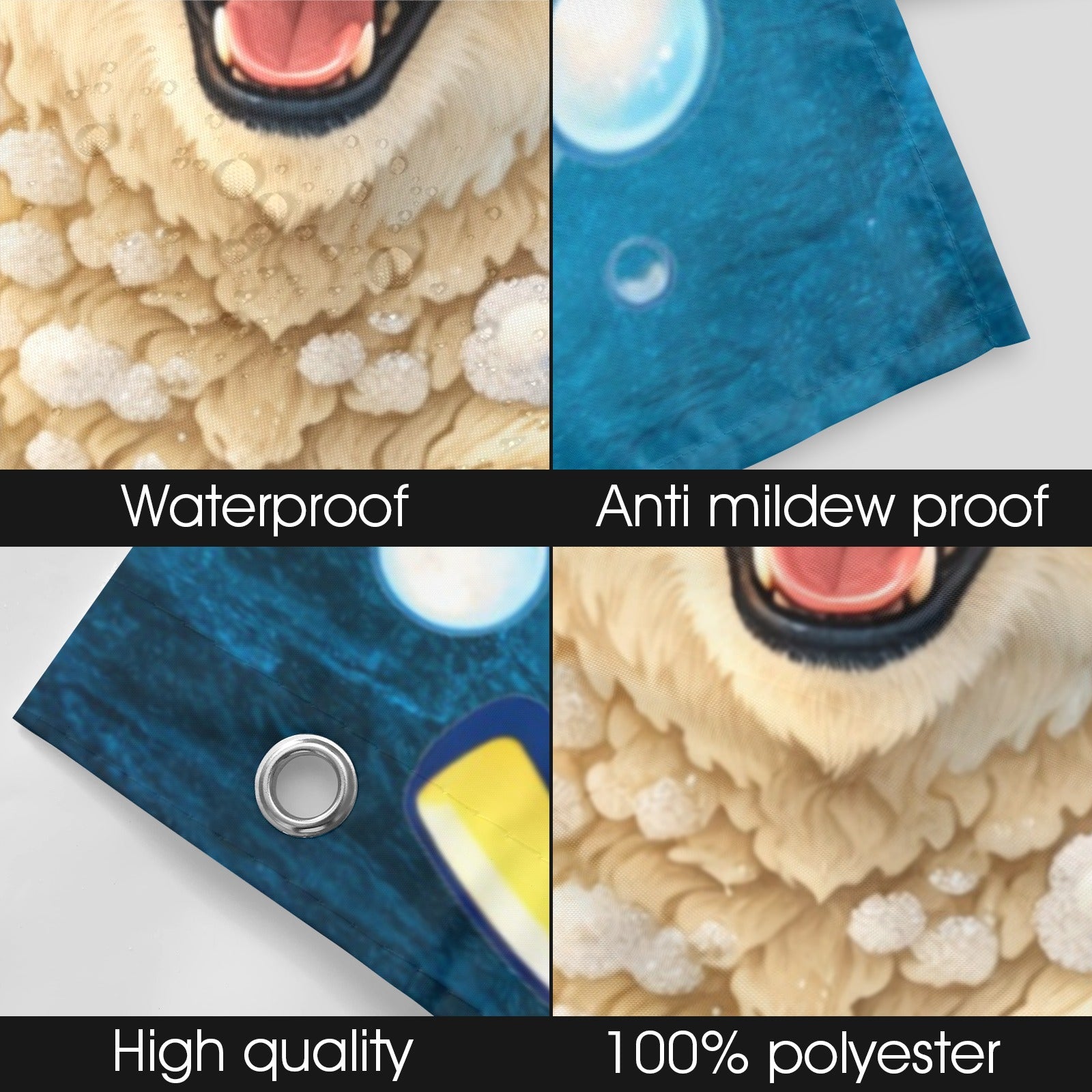 Four images showcasing waterproof, anti-mildew, high quality, and 100% polyester features.