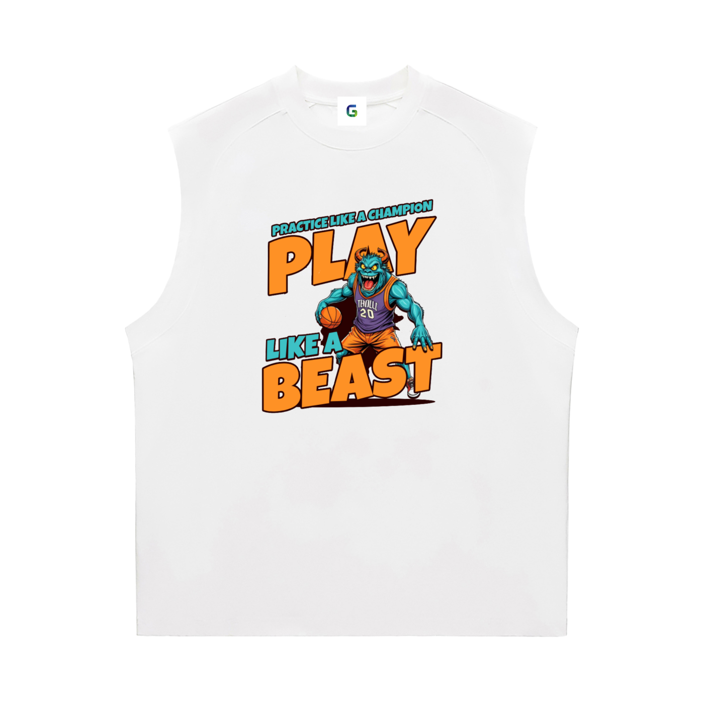 A white sleeveless athletic tank top featuring a colorful graphic of a green monster basketball player with the text 'PLAY LIKE A BEAST' and 'GOATHEADS CHAMPION' on the front.