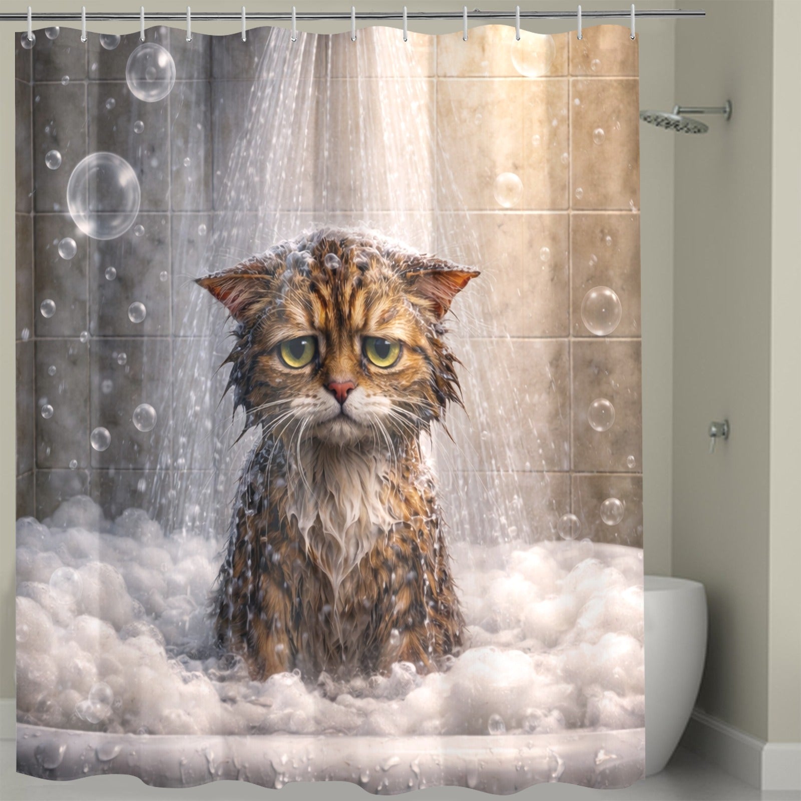 Shower curtain with a cat in a bathtub design, featuring bubbles and water.